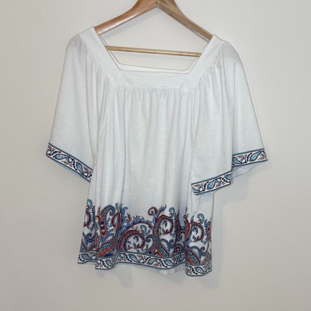 J Jill Square Neck Flutter Elbow Sleeves Paisley Women's‎ Large Top